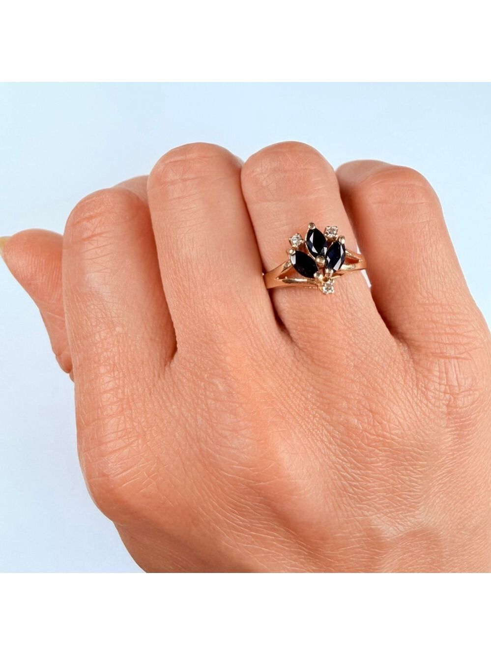 10K Solid Yellow Gold Blue Sapphire & Natural Diamond Cocktail Vintage Ring - Picture 8 of 11